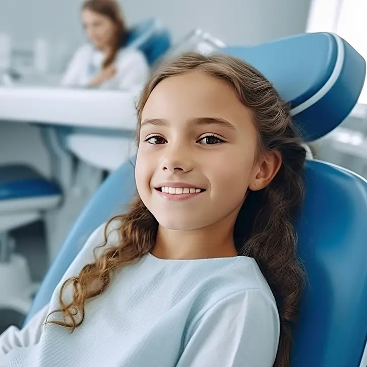 Closeup of young girl smiling while sitting in dental chair