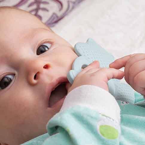 a baby holding a teething toy